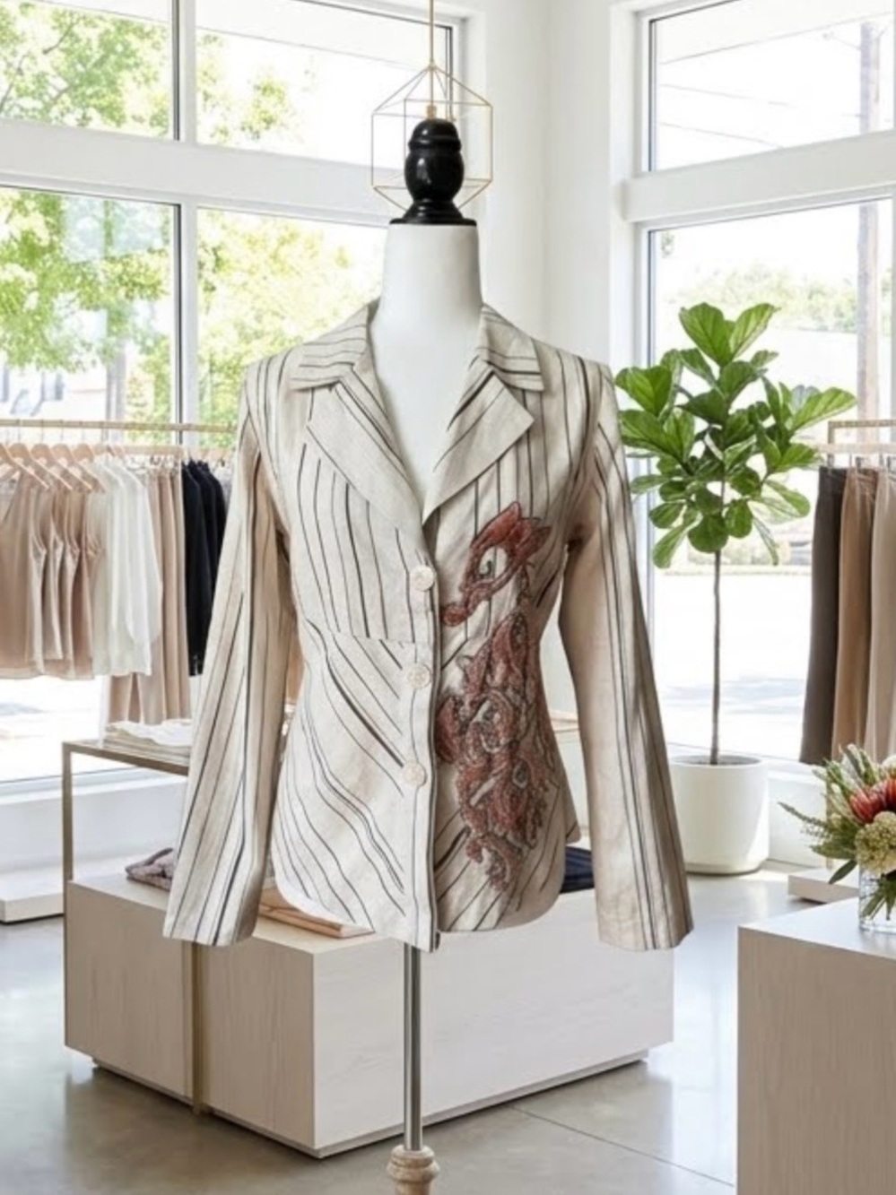 100% Linen Made in Italy Striped Blazer with Embellishment- S